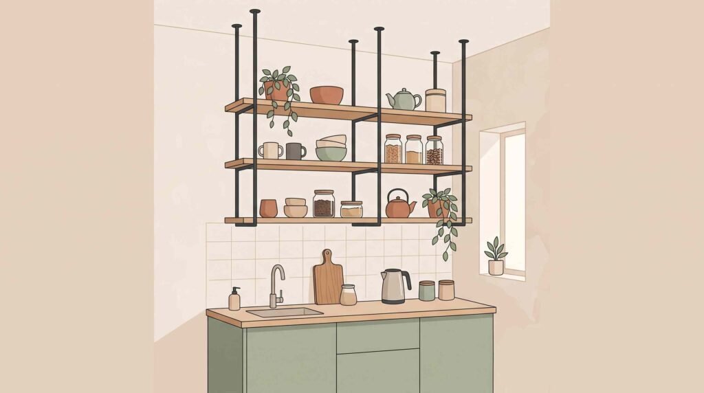Ceiling mounted hanging shelves for kitchen organization