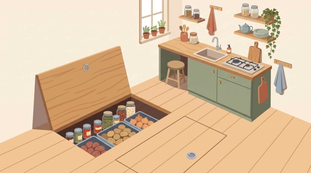 Hidden floor-level storage box for cheap kitchen pantry