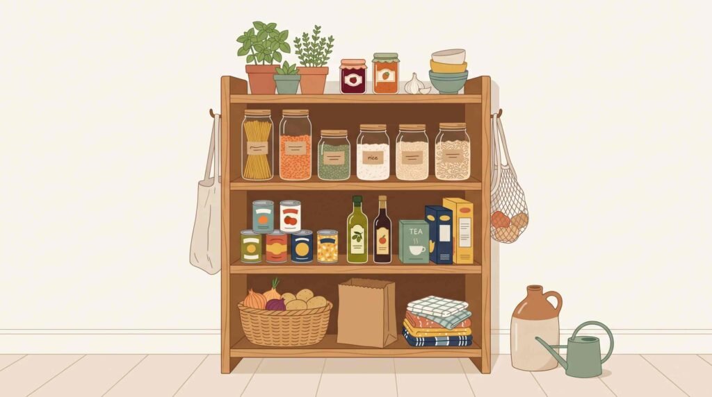 Repurposed bookshelf used as a small kitchen pantry